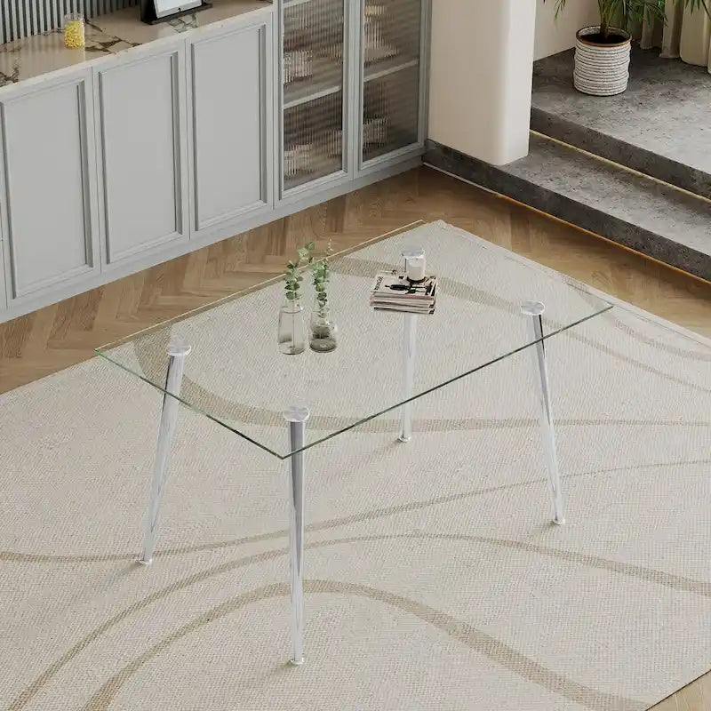 Tavolo da Pranzo con Piano in Vetro Temperato e Gambe in Acciaio Inox