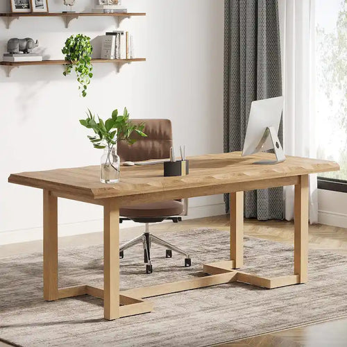 63 Inches Computer Desk, Rectangular Writing Table with Solid Wood Legs and Thickened Desktop