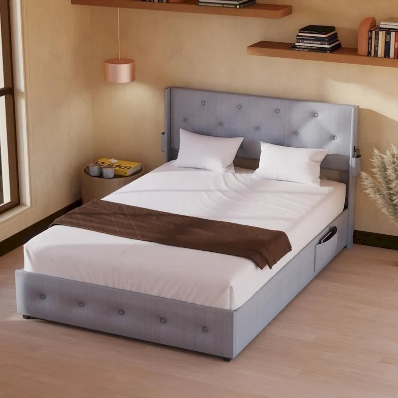 Struttura letto contenitore a una piazza e mezza con testiera imbottita